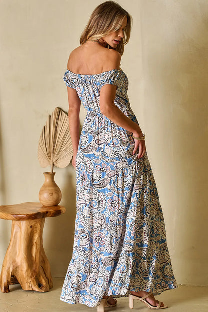 Blue Boho Paisley Print Off Shoulder Maxi Dress - Chic Meadow Boutique 