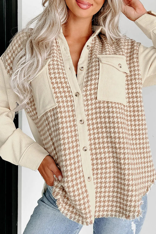 Parchment Houndstooth Corduroy Patchwork Flap Pocket Shacket - Chic Meadow Boutique 