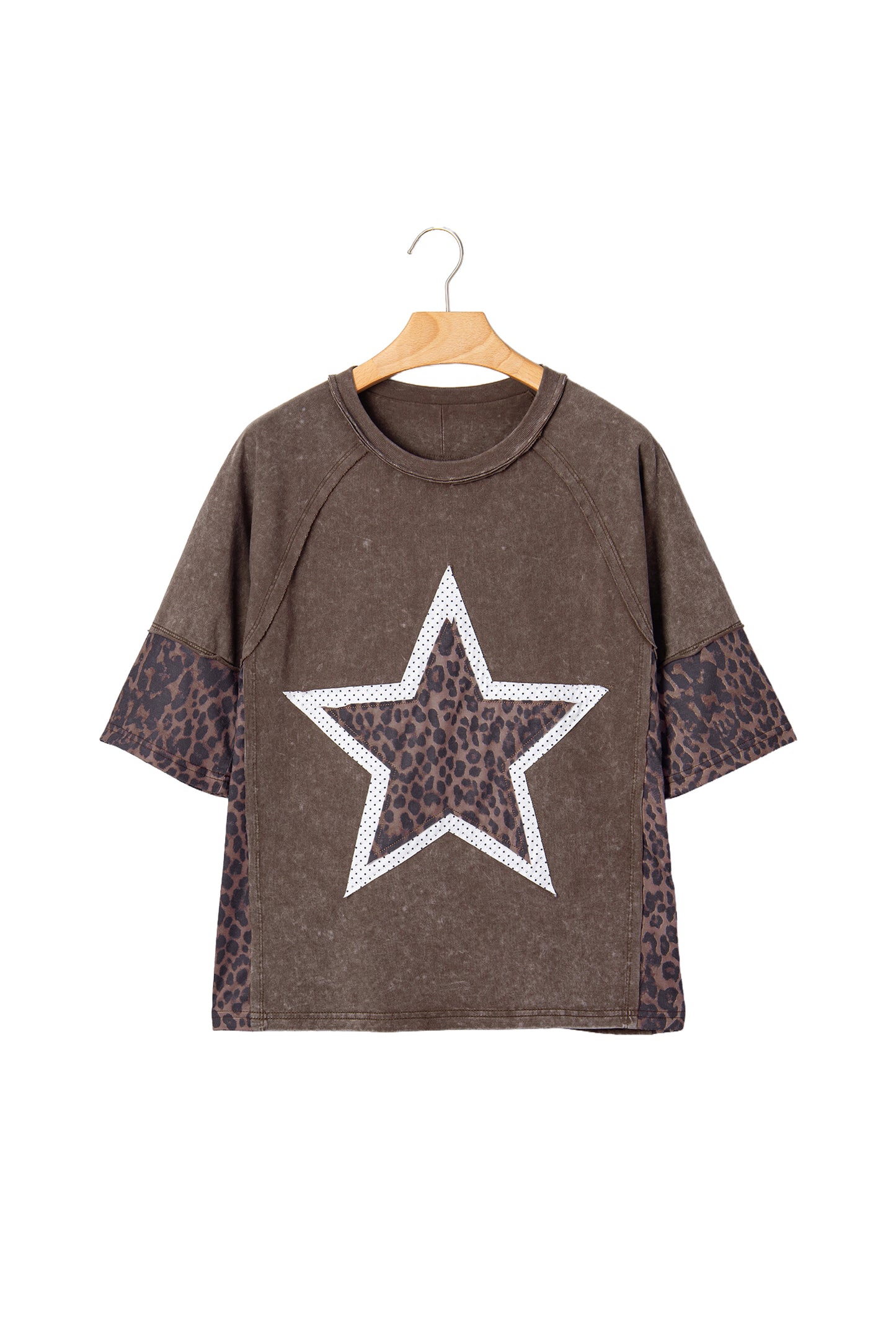 Coffee Mineral Wash Exposed Seam Leopard Star Patched T Shirt