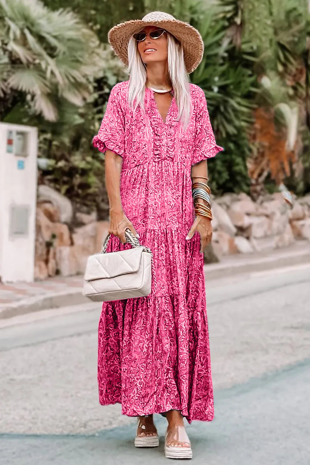 Pink Paisley Print Boho Holiday Ruffle Tiered Maxi Dress - Chic Meadow Boutique 