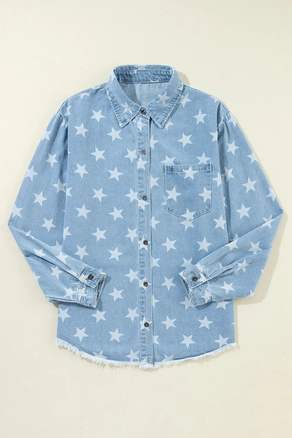 Sky Blue Star Print Light Wash Raw Hem Denim Jacket - Chic Meadow Boutique 