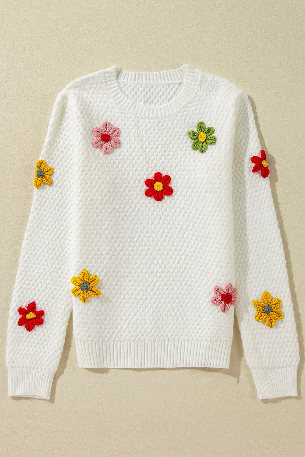 White Colorful Flower Applique Textured Knit Sweater - Chic Meadow Boutique 