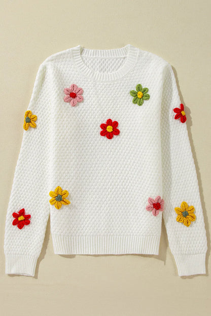 Sweaters & Cardigans/Sweaters White Colorful Flower Applique Textured Knit Sweater