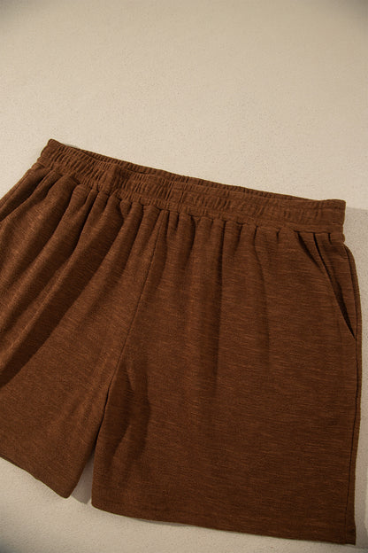 Chestnut Drop Shoulder Long Sleeve Top Elastic Waist Shorts Plus Size Set