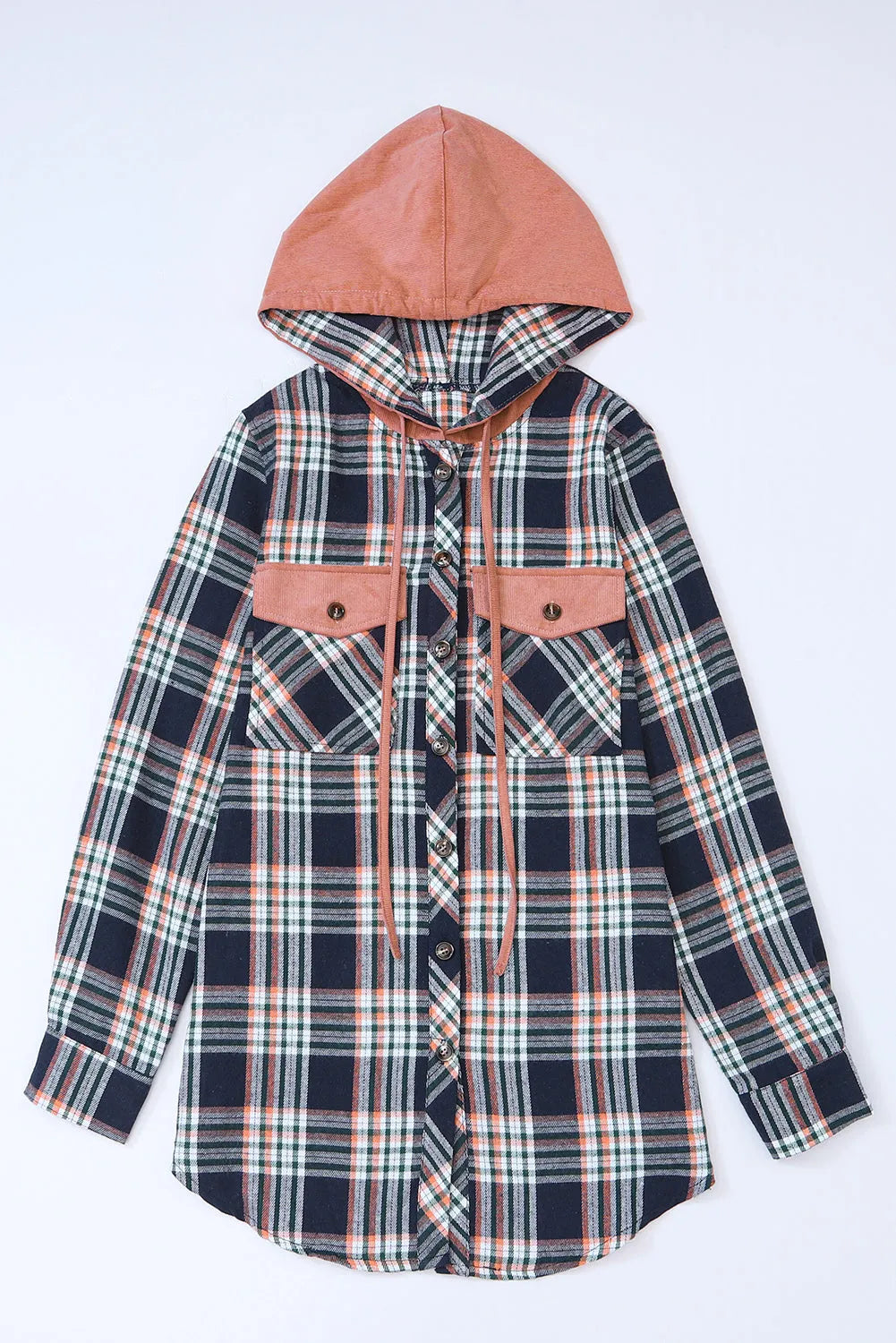 Pink Contrast Hooded Drawstring Plaid Shacket - Chic Meadow Boutique 