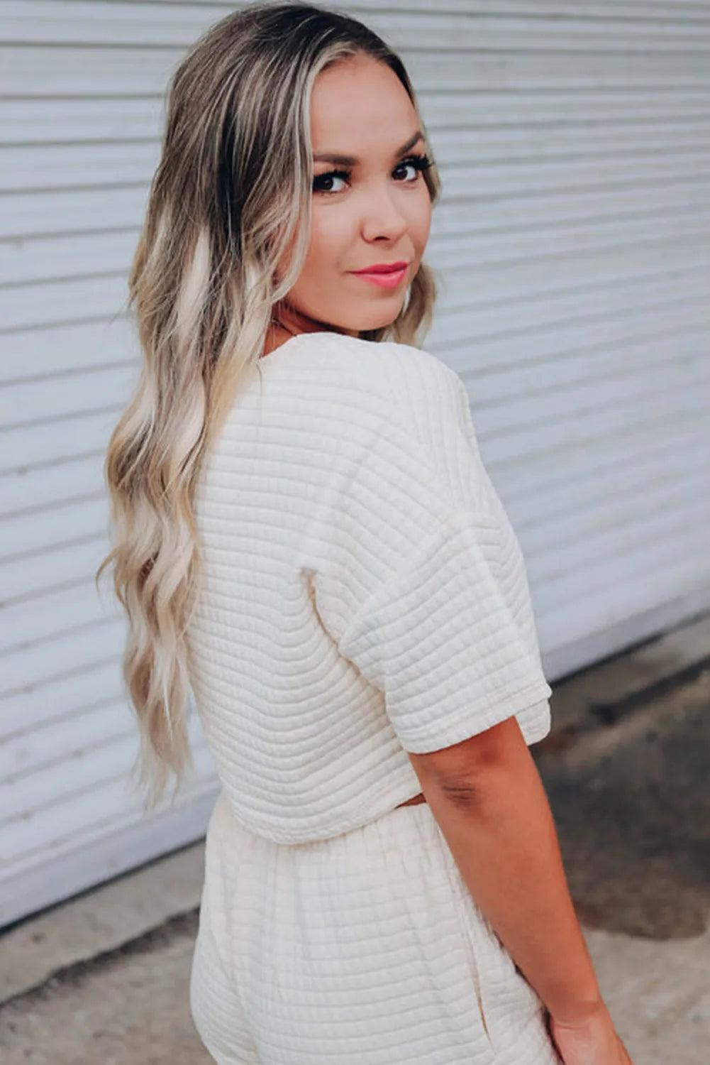 White Lattice Textured Cropped Tee and Jogger Pants Set - Chic Meadow Boutique 