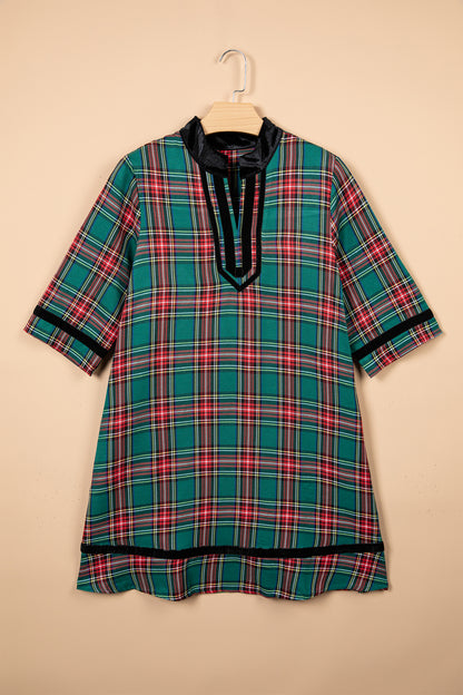 Green Plaid Velvet Trim Pockets Short Shift Dress