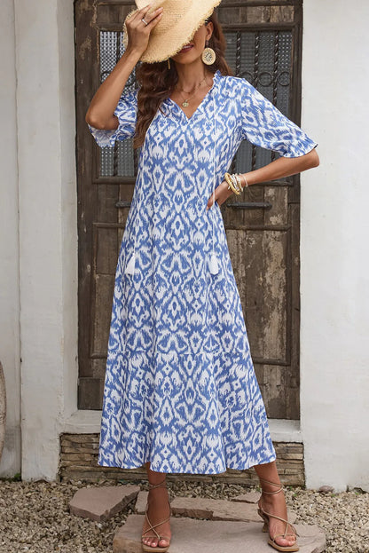 Sky Blue V Neck Casual Geometric Print Maxi Dress - Chic Meadow Boutique 