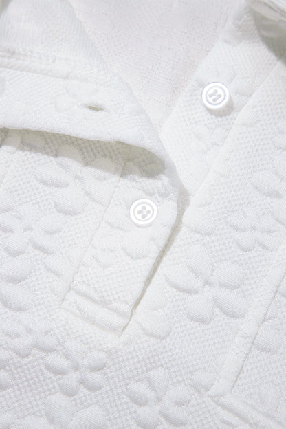 White Solid Color Textured Relaxed Button Collar Pullover Sweatshirt