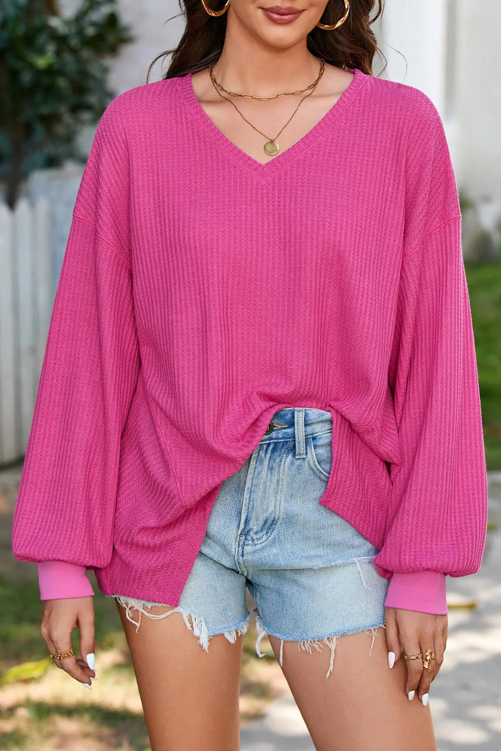 Bright Pink Waffle V Neck Long Sleeve Drop Shoulder Loose Blouse - Chic Meadow Boutique 