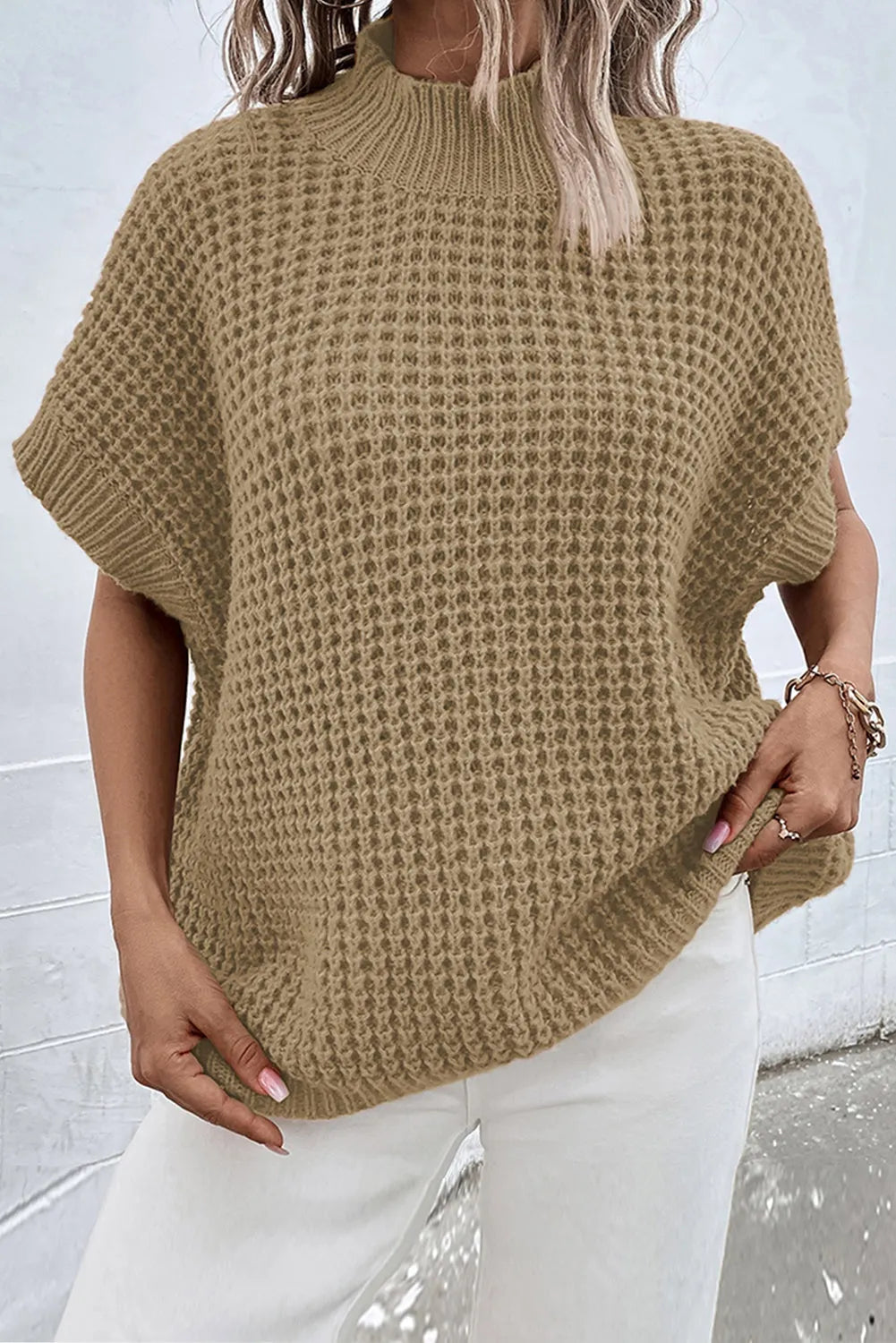 Light French Beige High Neck Short Batwing Sleeve Textured Knit Sweater - Chic Meadow Boutique 