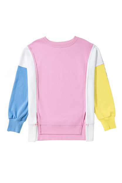 Bonbon Color Block Exposed Seam Side Slits Crewneck Sweatshirt - Chic Meadow Boutique 