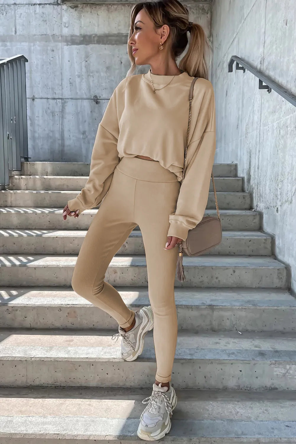 Beige Solid Sweatshirt and Leggings Two Piece Set - Chic Meadow Boutique 