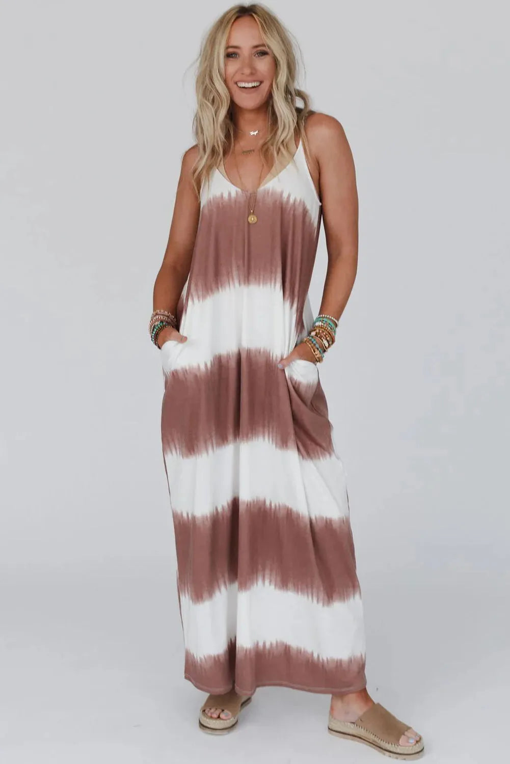 White Stripe Striped Tie Dye Spaghetti Strap Maxi Dress - Chic Meadow Boutique 