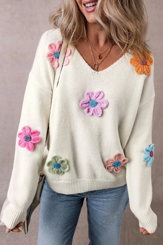 White Crochet Flower V Neck Sweater - Chic Meadow Boutique 