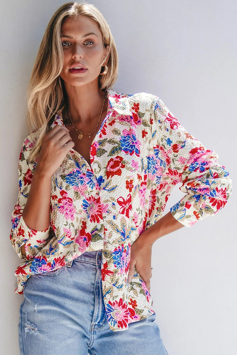 Red Floral Print Slim Fit Buttoned Turn Down Collar Shirt - Chic Meadow Boutique 