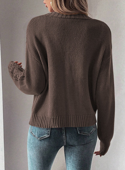 Dark Khaki Open Knit Drop Shoulder Sweater Cardigan