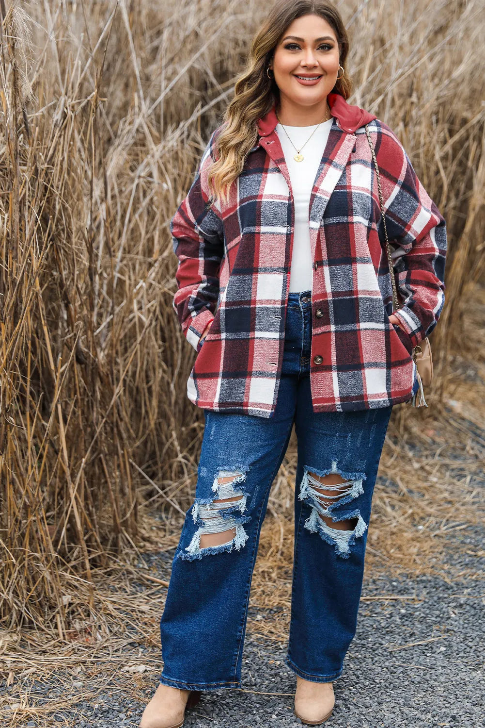 Red Printed Plus Size Plaid Button up Hooded Jacket - Chic Meadow Boutique 