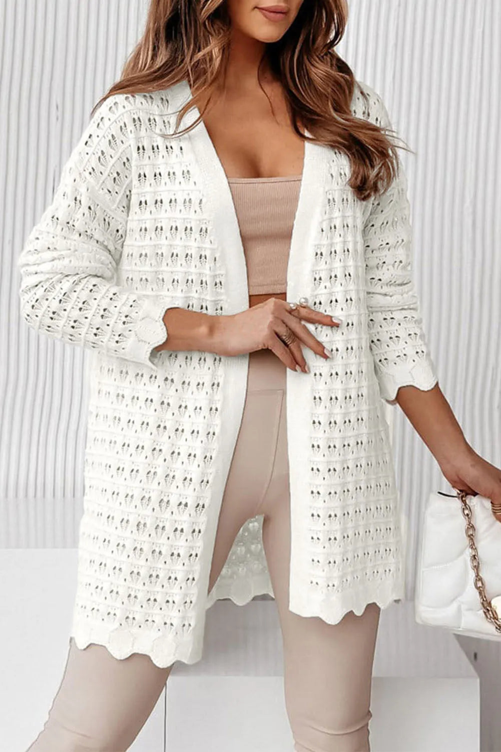 White Wavy Trim Open Knit Long Sleeve Cardigan - Chic Meadow Boutique 