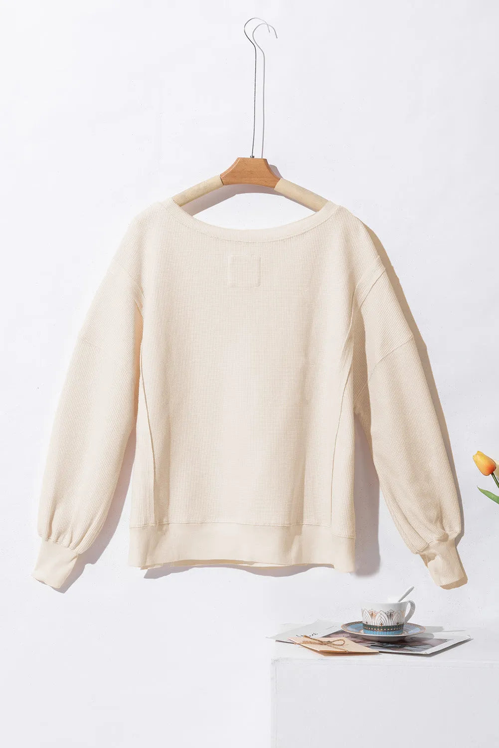 White Waffle Knit Bishop Sleeve Split Oversized Sweatshirt - Chic Meadow Boutique 