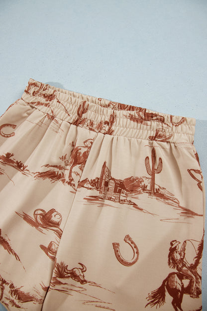 Beige Western Print Loose Fit Long Sleeve Top Short Set