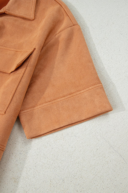 Thai Curry Collared V Neck Faux Suede Short Sleeve Shift Mini Dress