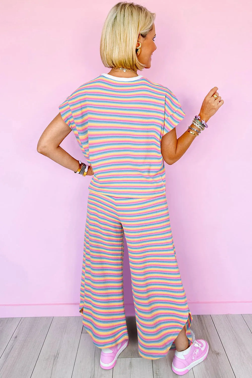 Pink Stripe Rainbow Tee Tasseled String Wide Leg Pants Set - Chic Meadow Boutique 