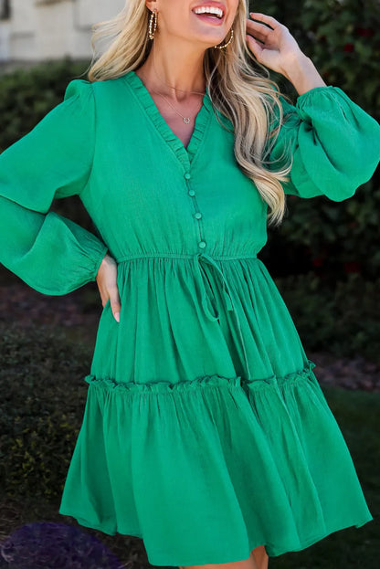 Sea Green Frilly V Neck Puff Sleeve Drawstring Shift Mini Dress - Chic Meadow Boutique 