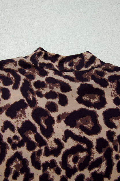 Khaki Leopard High Neck Long Sleeve Western Slim Top