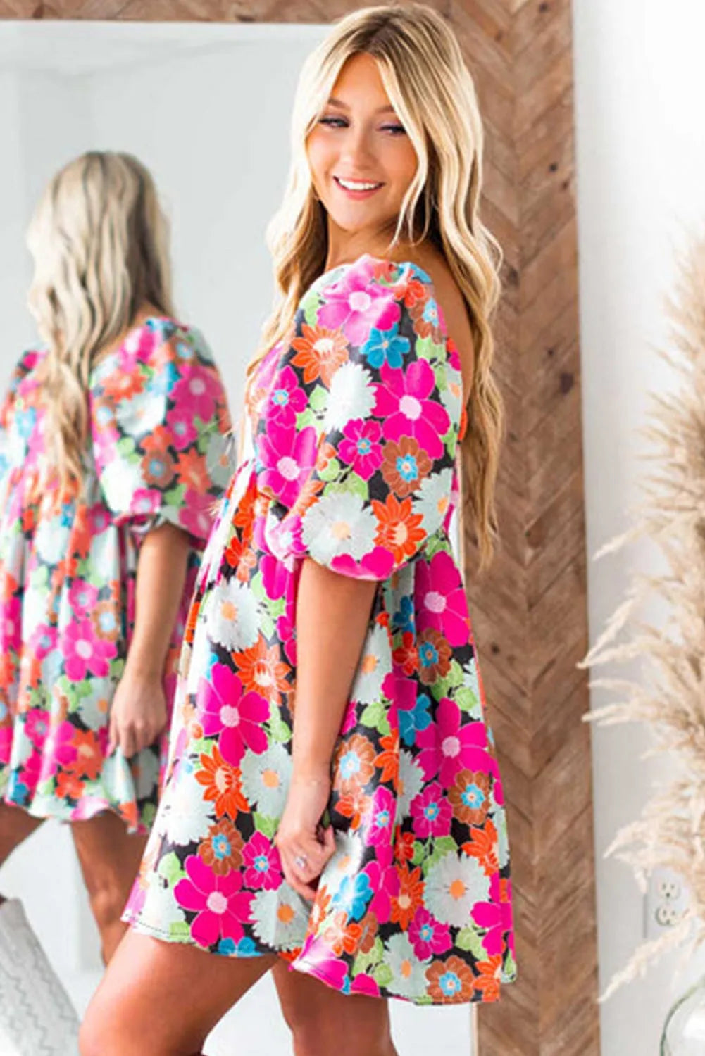 Rose Floral Print Square Neck Short Puff Sleeve Dress - Chic Meadow Boutique 