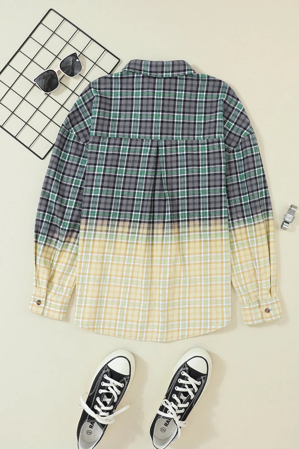 Blackish Green Contrast Plaid Patchwork Chest Pocket Button up Shacket - Chic Meadow Boutique 