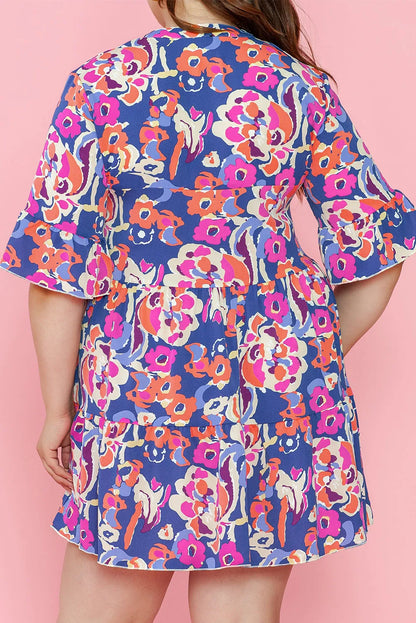 Blue Plus Size Floral Print Ruffled 3/4 Sleeve Mini Dress - Chic Meadow Boutique 