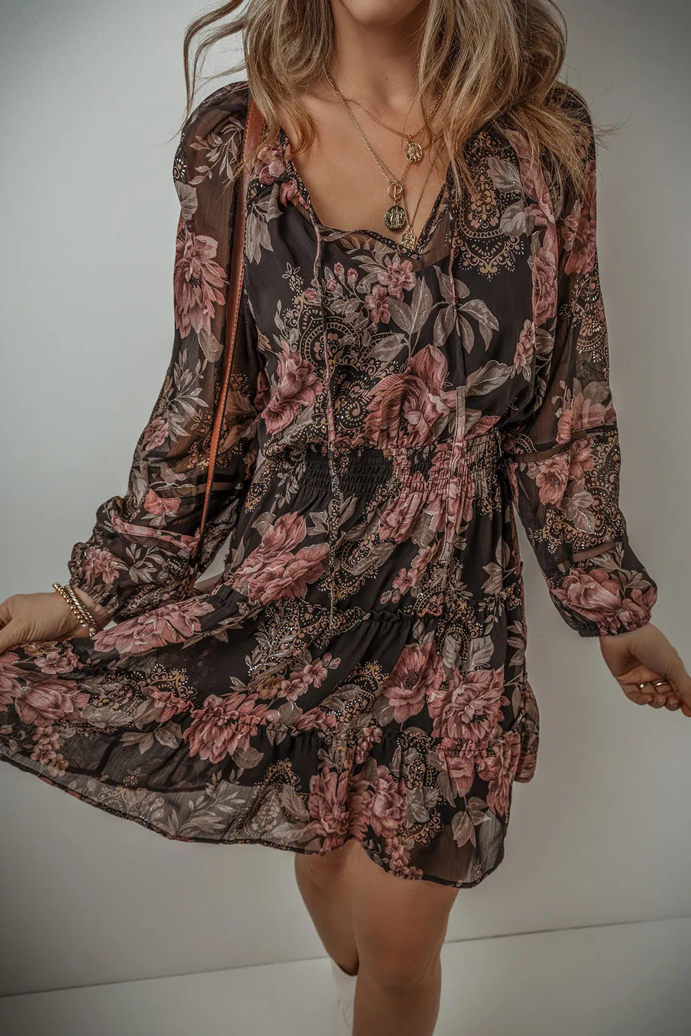 Black Vintage Floral Puff Sleeve V Neck Smock Waist Dress - Chic Meadow Boutique 