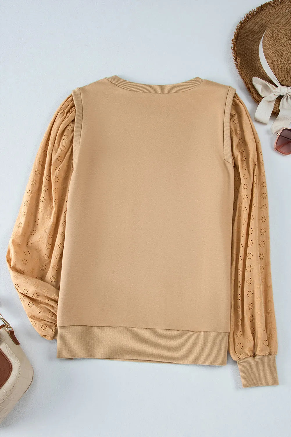 Pale Khaki Textured Patchwork Round Neck Sweatshirt - Chic Meadow Boutique 