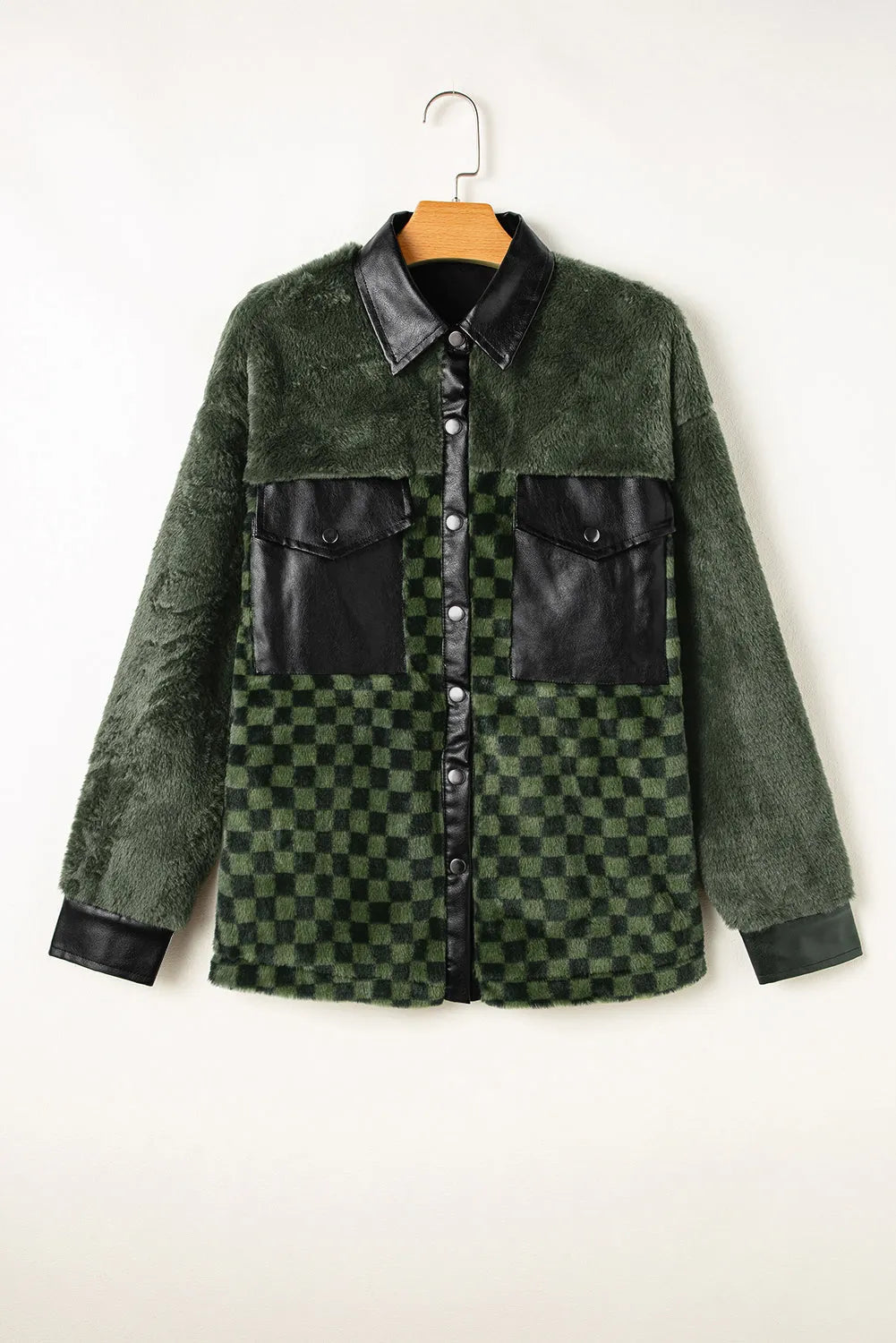 Vineyard Green Fleece Checkerboard Flap Pocket Snap Button Jacket - Chic Meadow Boutique 