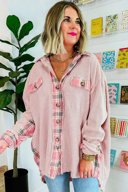 Apricot Pink Plaid Raw Edge High Low Waffle Knit Oversized Shacket - Chic Meadow Boutique 