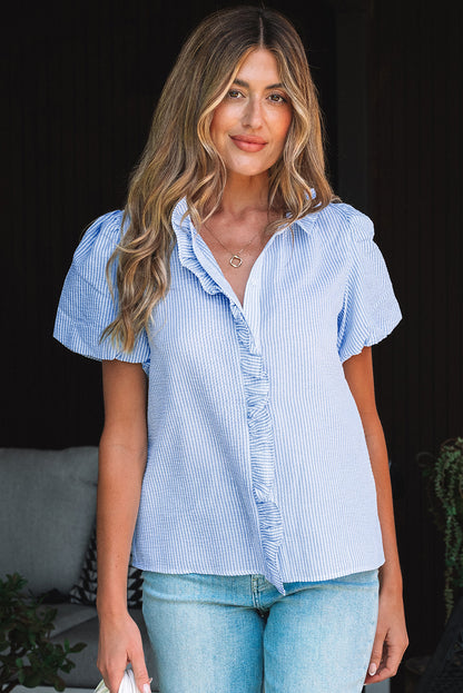 Beau Blue Striped Ruffle Short Bubble Sleeve Shirt