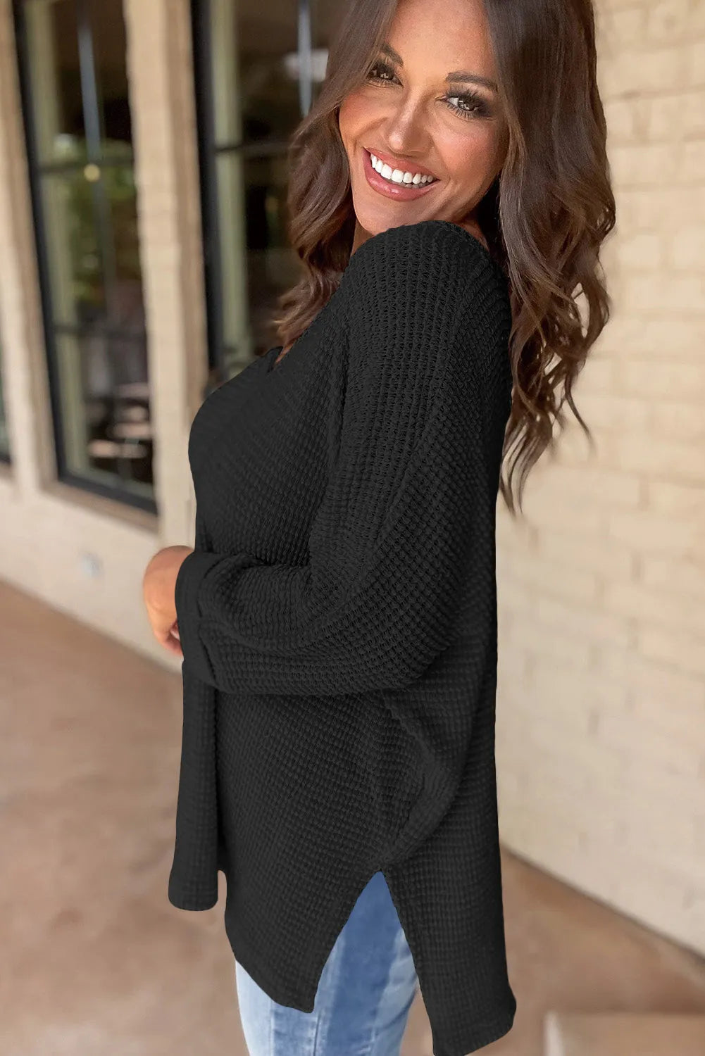 Black Waffle Knit Side Slits Loose Fit V Neck Top - Chic Meadow Boutique 