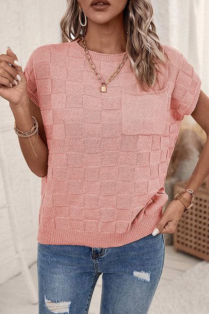 Dusty Pink Lattice Textured Knit Short Sleeve Sweater - Chic Meadow Boutique 