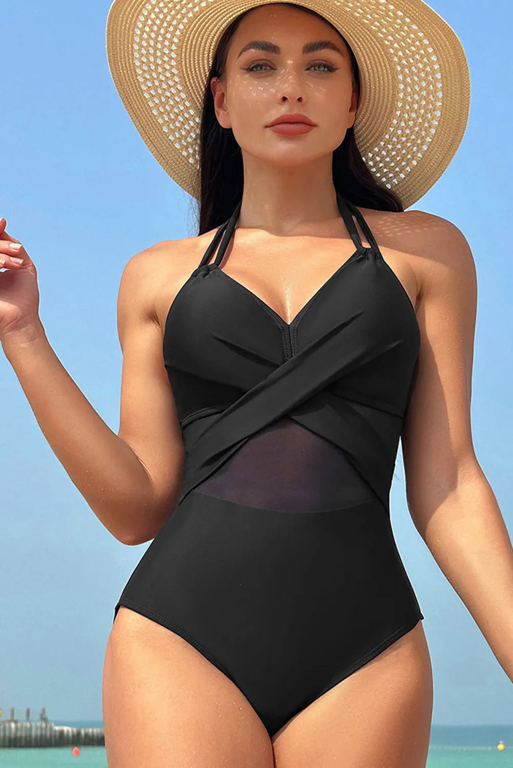 Black Halter Mesh Insert Cross Front One-Piece Swimsuit - Chic Meadow Boutique 