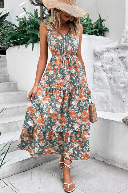 Green Floral Print Trimmed V Neck Tie Waist Sleeveless Holiday Long Dress