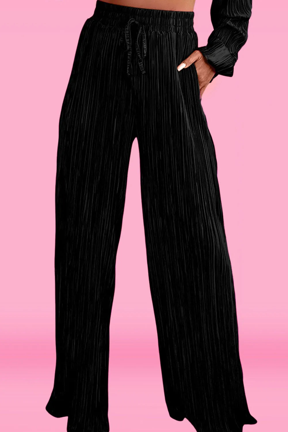 Black Pleated Long Sleeve Shirt and Wide-Leg Pants Set - Chic Meadow Boutique 