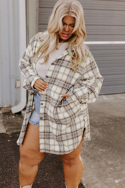 White Plaid Print Tunic Plus Size Shacket with Slits - Chic Meadow Boutique 