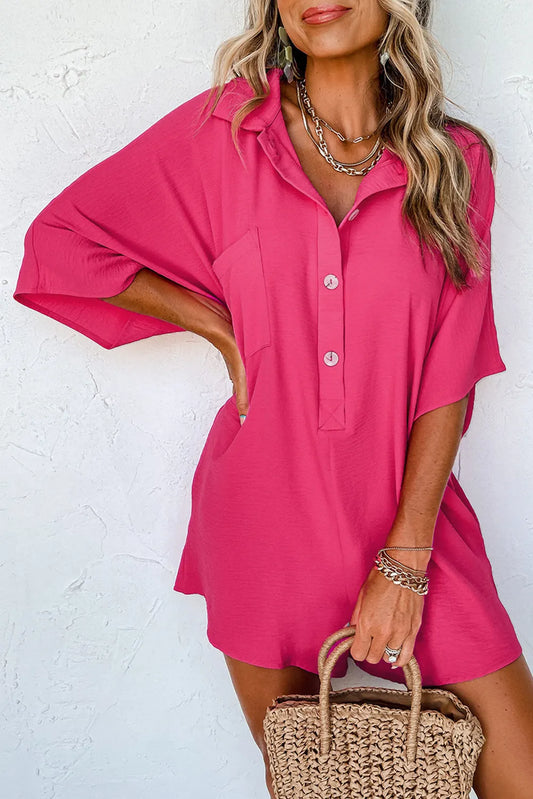 Bright Pink Half Button Collared Loose Romper - Chic Meadow Boutique 