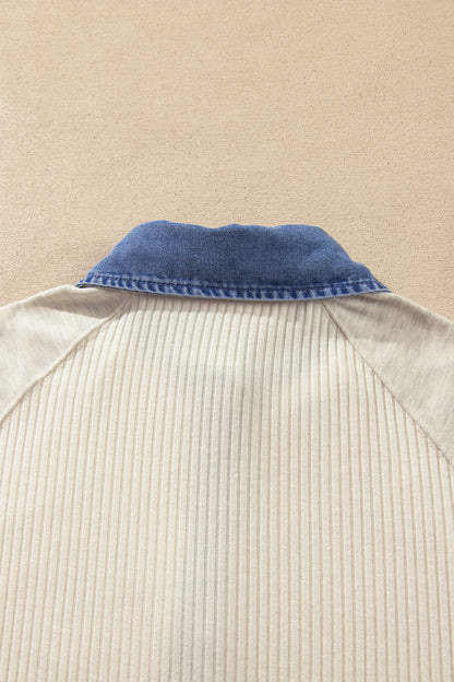 Light Grey Ribbed Denim Colorblock Detail Button Collar Long Sleeve Top