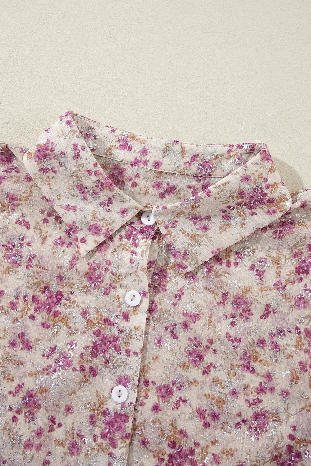 Pink Floral Print Bishop Sleeve Collared V Neck Shirt - Chic Meadow Boutique 