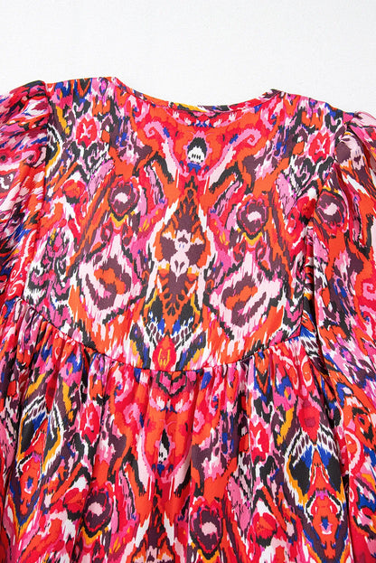 Rose Abstract Printed Tassel Tied Neck Long Sleeve Ruffled Mini Dress - Chic Meadow Boutique 