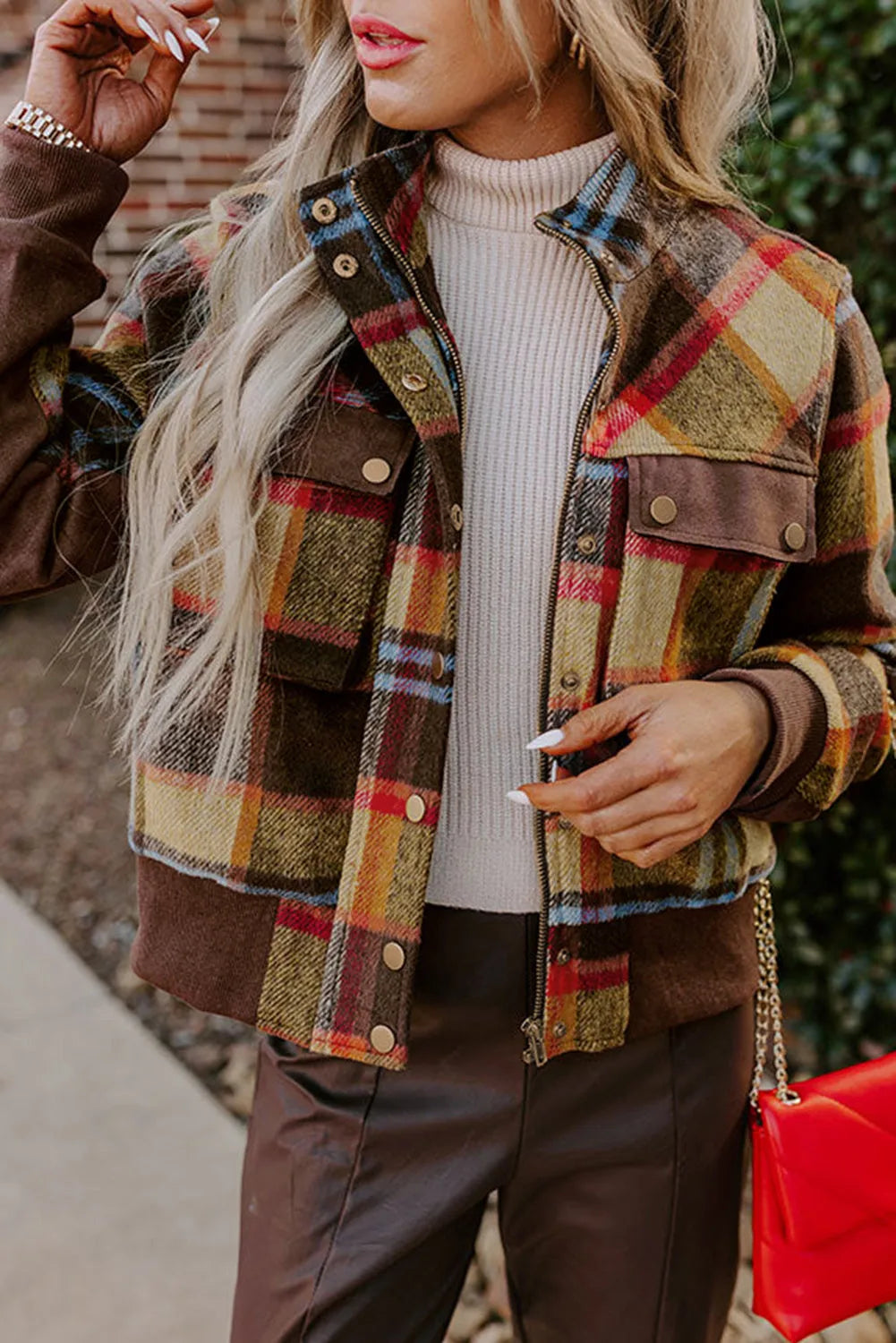 Brown Plaid Print Chest Pockets Button Zipper Stand Neck Jacket - Chic Meadow Boutique 