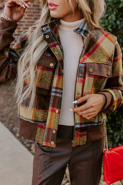 Brown Plaid Print Chest Pockets Button Zipper Stand Neck Jacket - Chic Meadow Boutique 