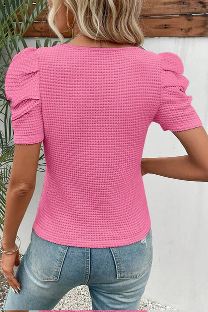 Bright Pink Waffle Knit Ruched Puff Sleeve Top - Chic Meadow Boutique 